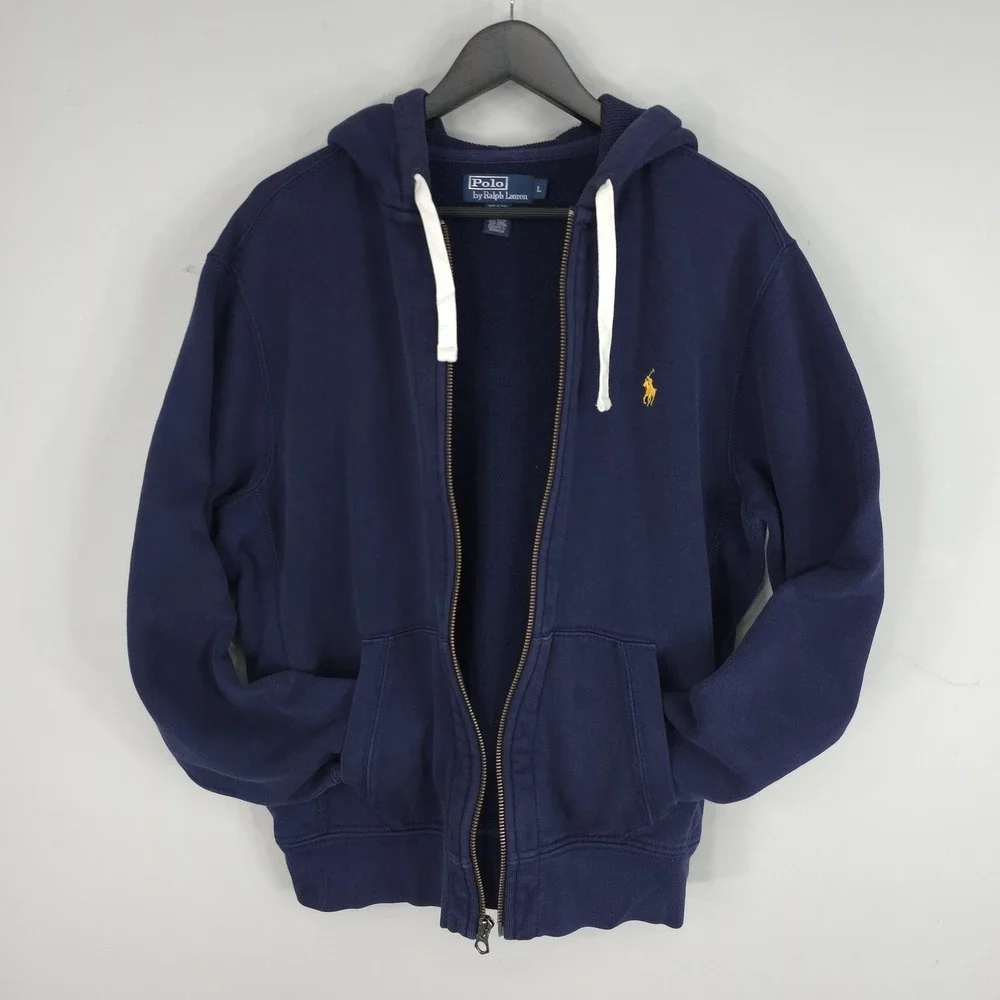 Polo Ralph Lauren Hoodie Mens Large Navy Full Zip Fleece Sweatshirt Yellow Pony